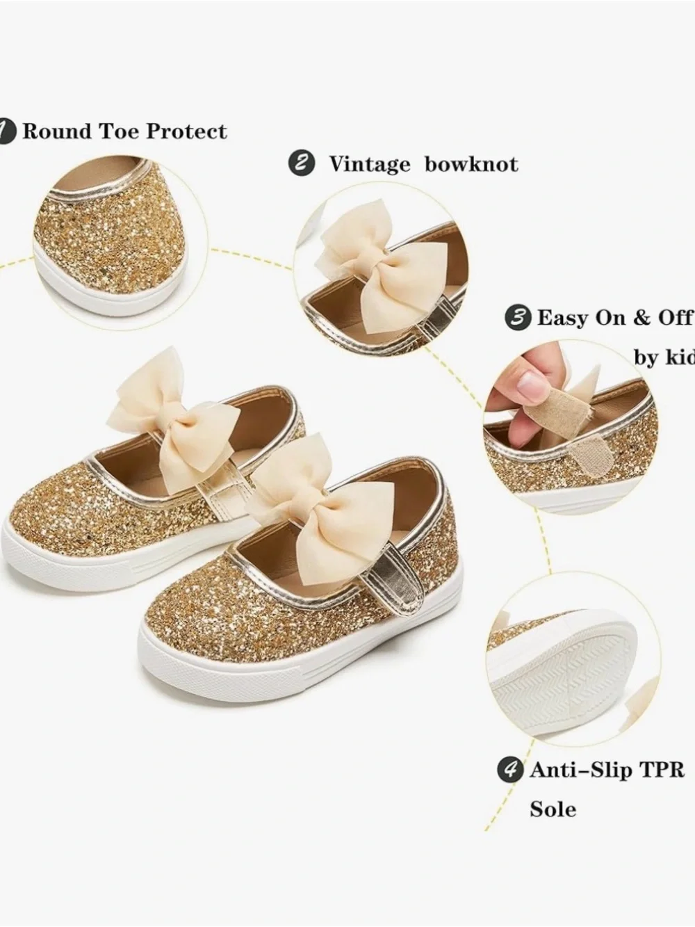 6️⃣ Girls' Glitter Bow Mary Jane Dress Shoes in Gold